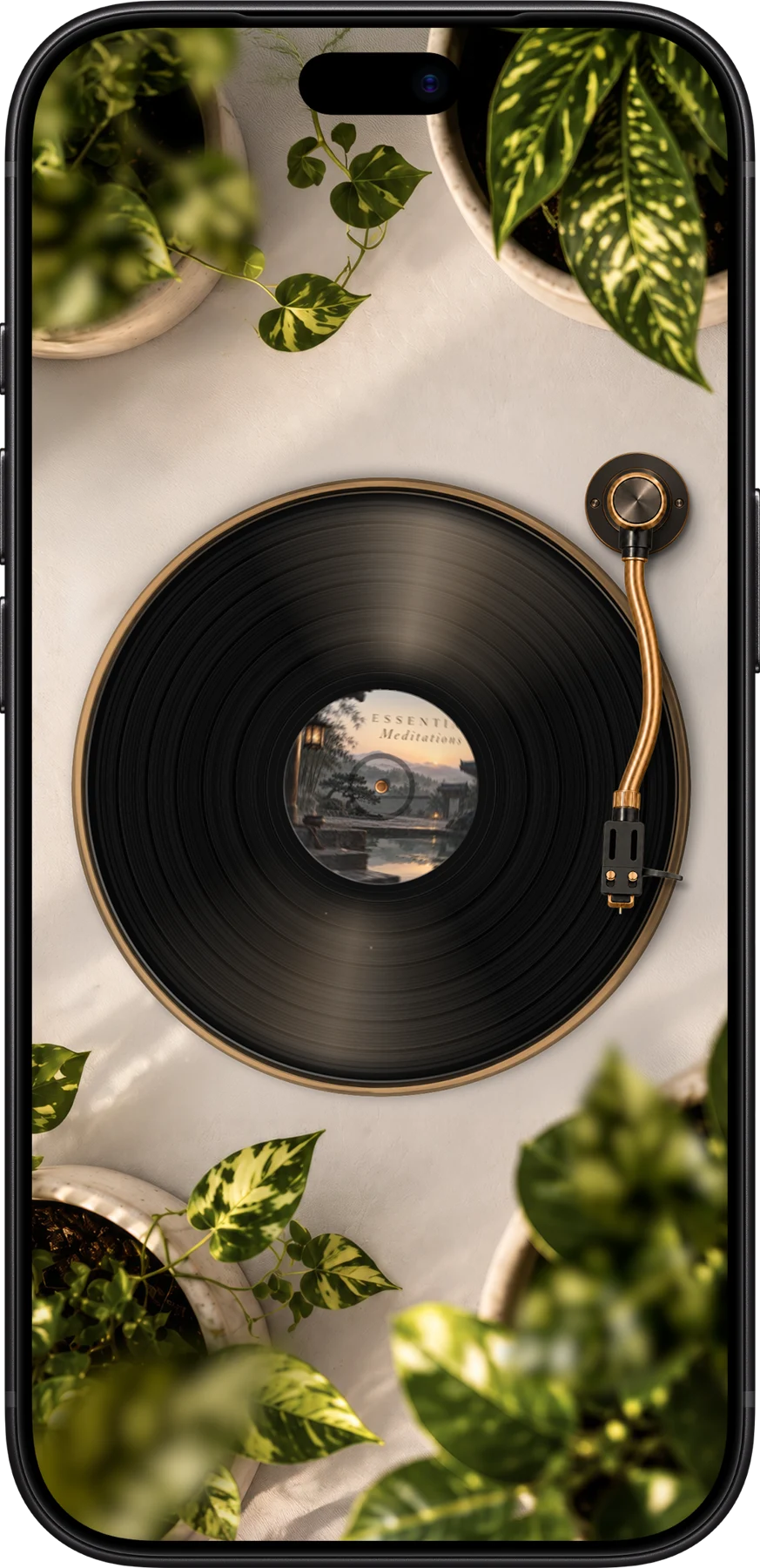 Sunlit white vinyl player scene on iPhone