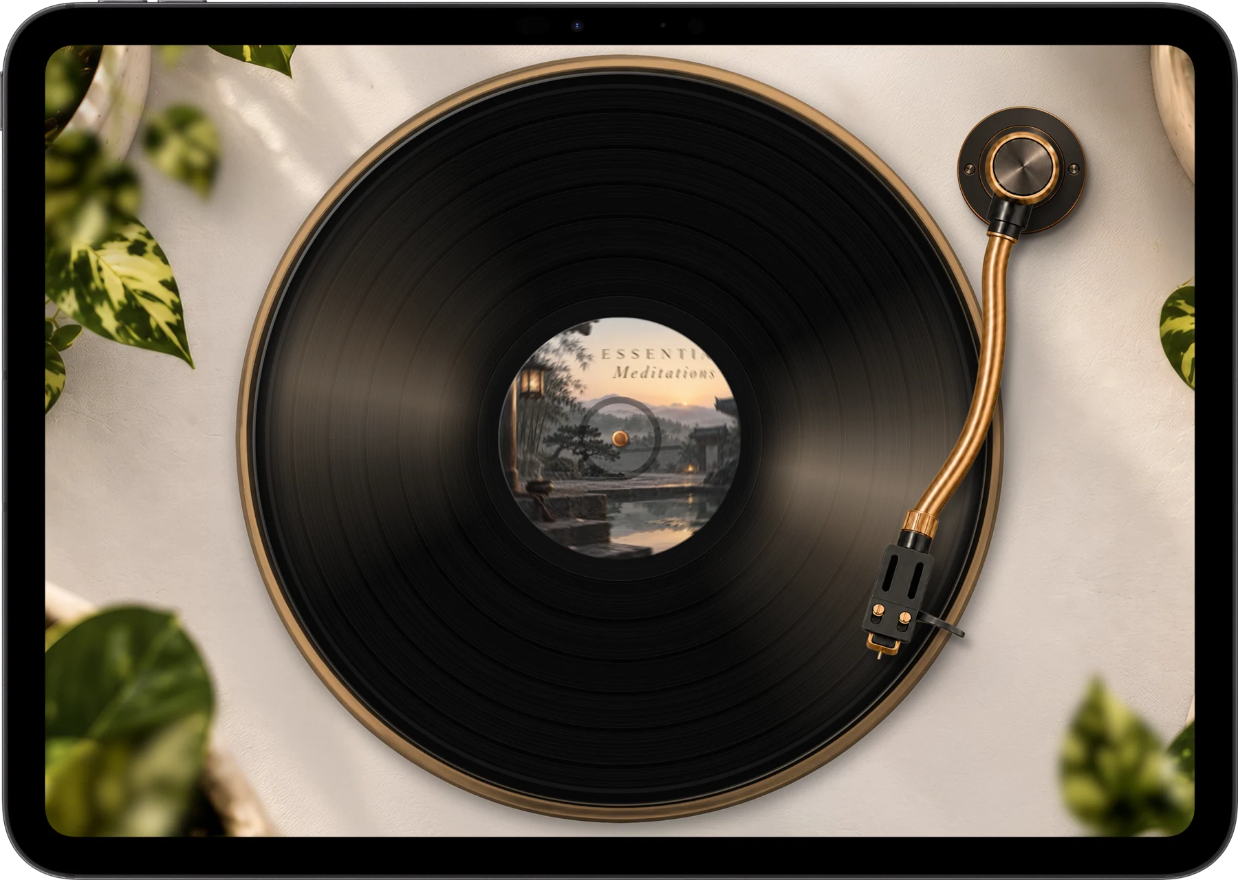 Chill Vinyl on iPad with a realistic vinyl record player, plants and warm sunlight